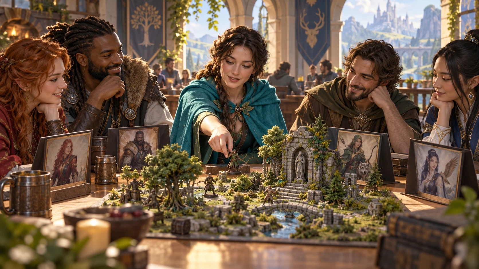 Fantasy illustration of a woman placing her miniature near ruined woodland terrain while tabletop companions watch