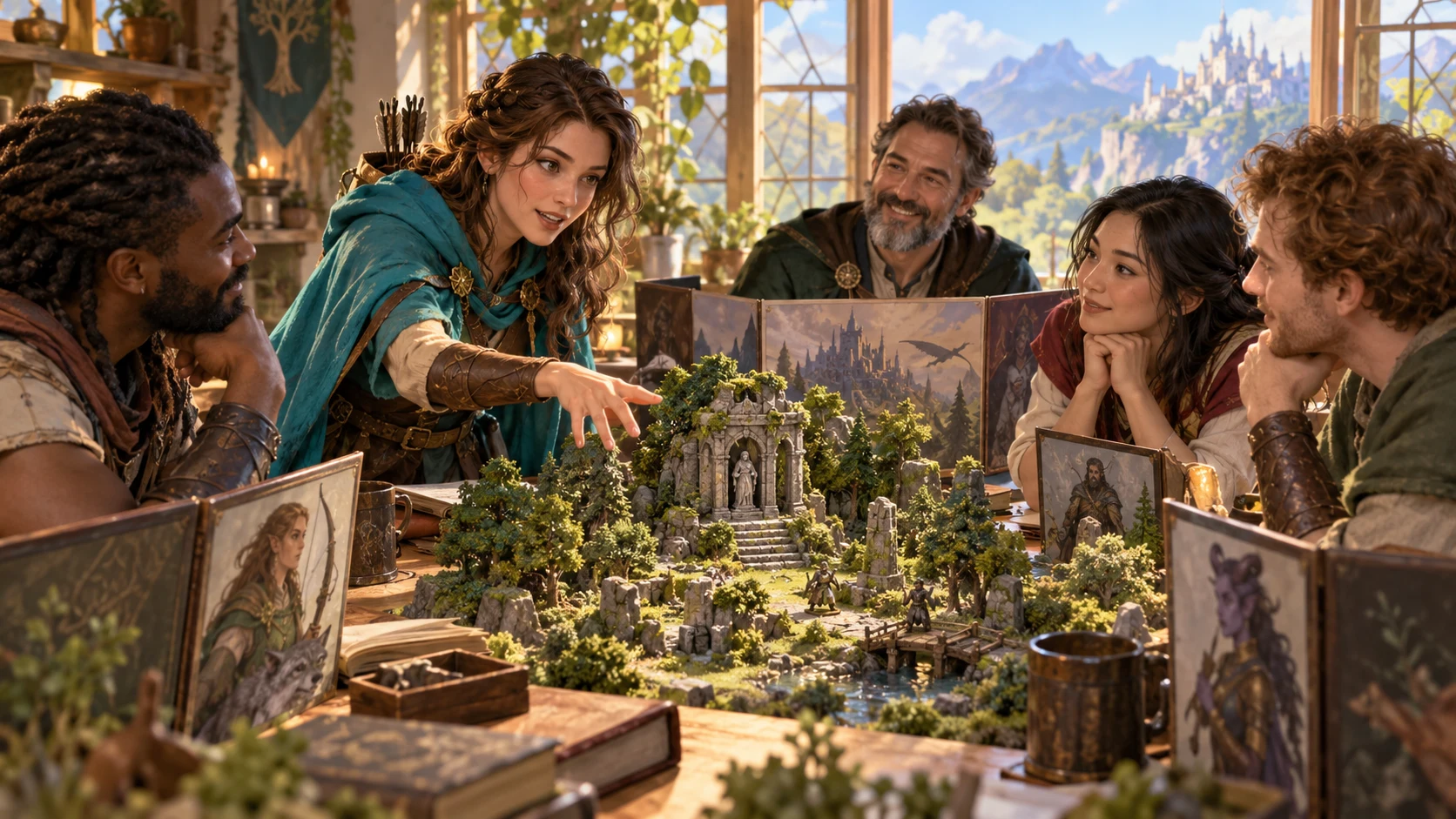 Fantasy illustration of a woman addressing the tabletop group while companions listen beside woodland ruins