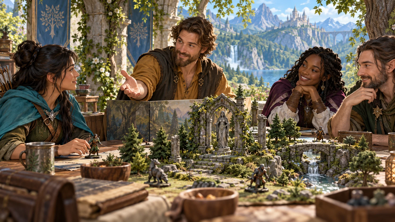 Fantasy illustration of a game master inviting a tabletop companion to respond beside a ruined woodland terrain model